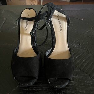 Via Spiga Black Suede Peep-Toe Ankle Strap Glitter Block Platform Heels SIZE 9